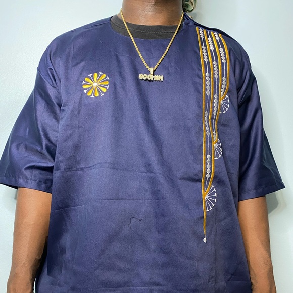 Men’s African Clothing Print Navy Blue African Top Mens Sizes S-XL - Picture 2 of 3